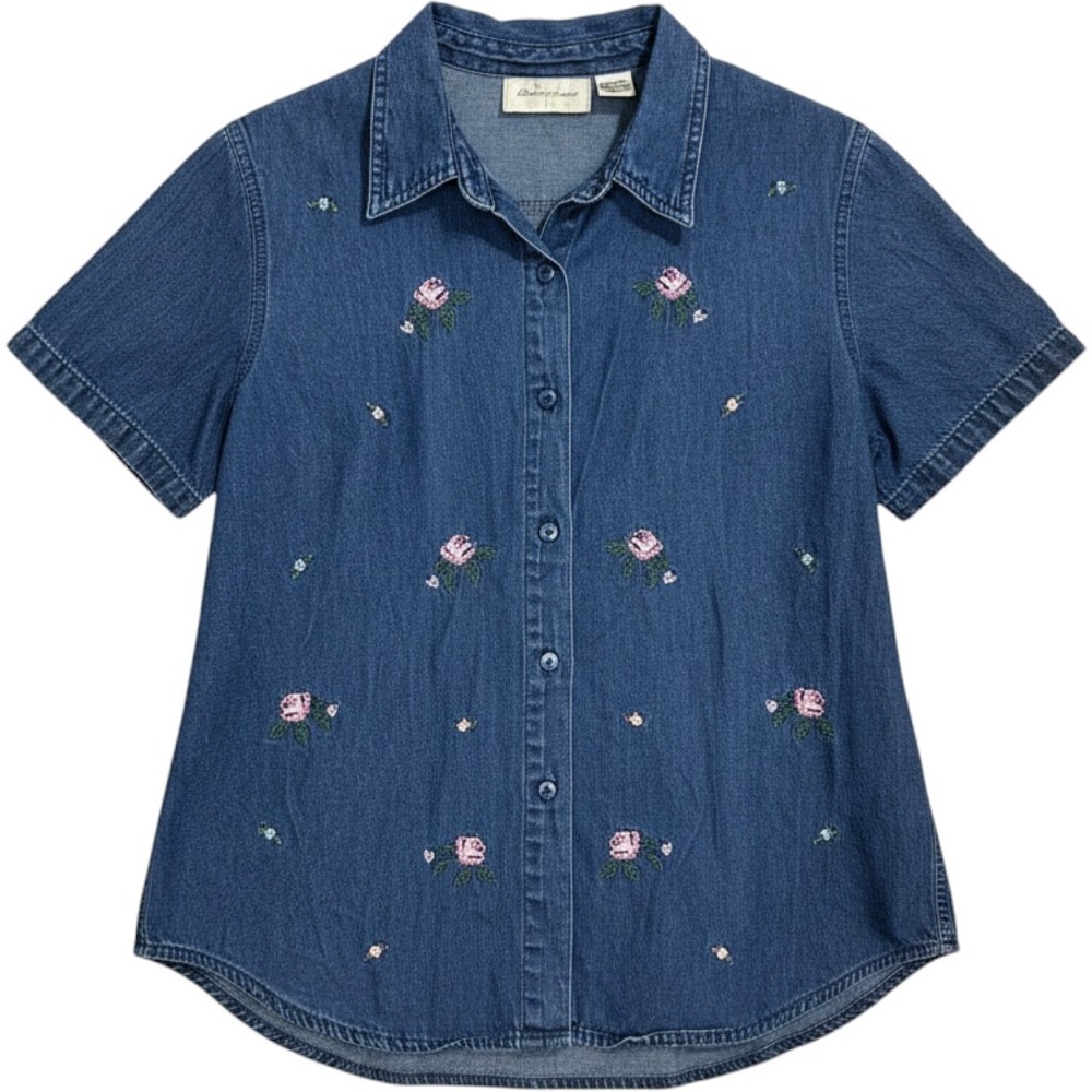 Lemon Grass Denim Shirt Womens Large VTG Needlepoint Floral Rose Button Up Top